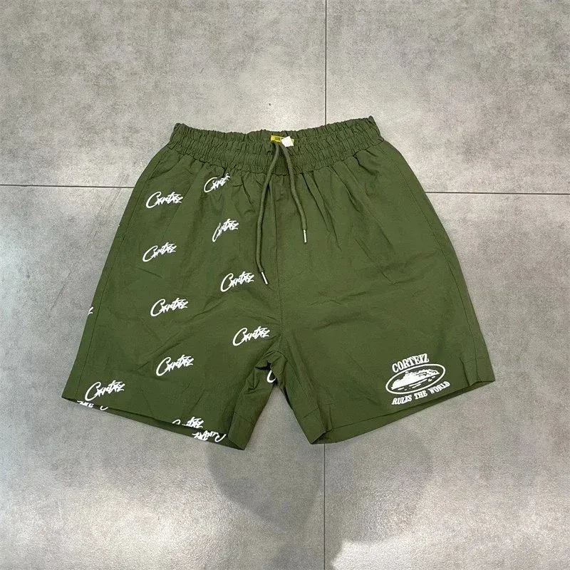 Corteiz Corteiz RTW Olive Green Shorts with White Logo Print Green - 1