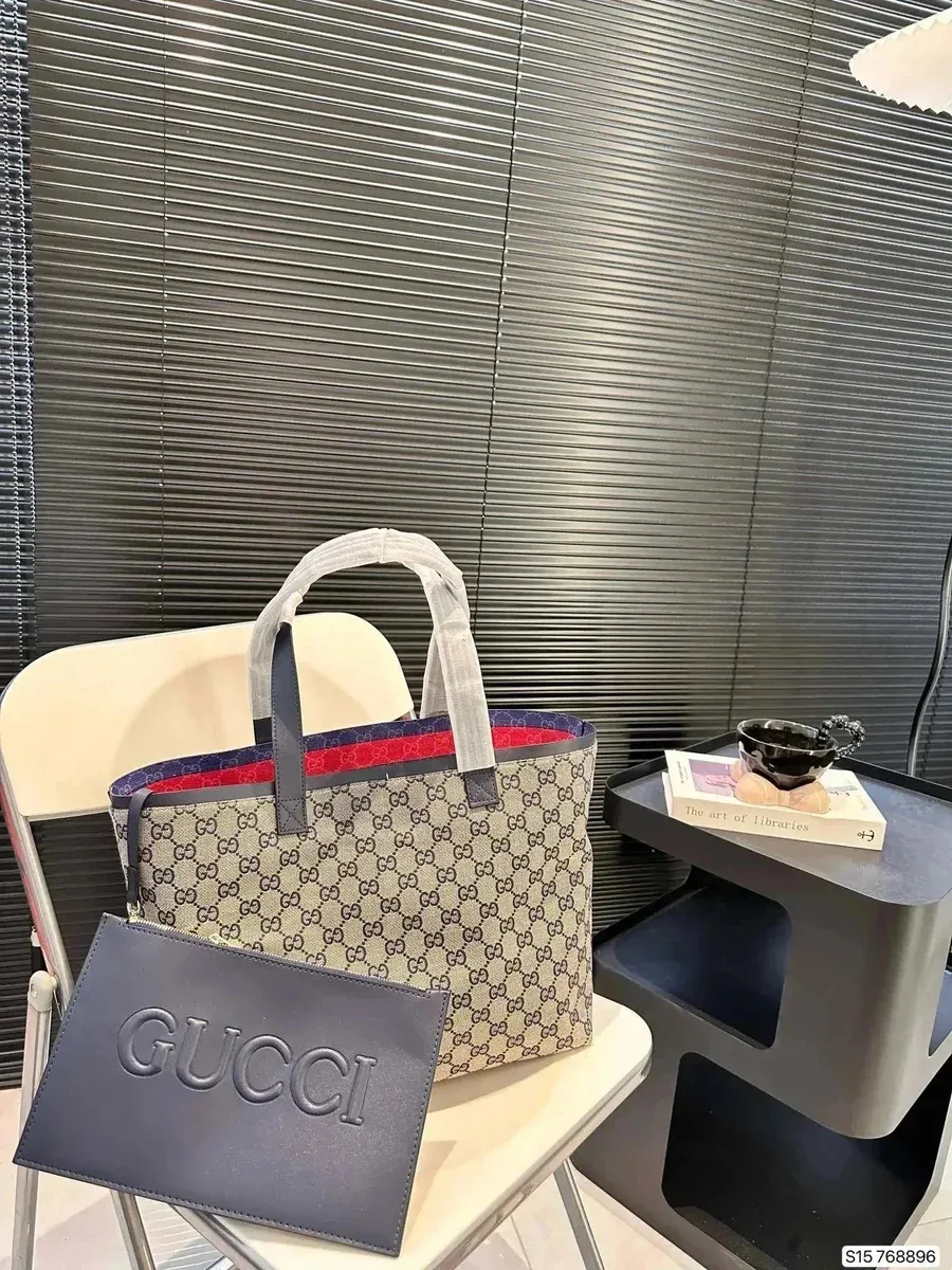 Gucci Gucci GG Marmont Beige & Navy Tote Bag with Pouch Beige - 1