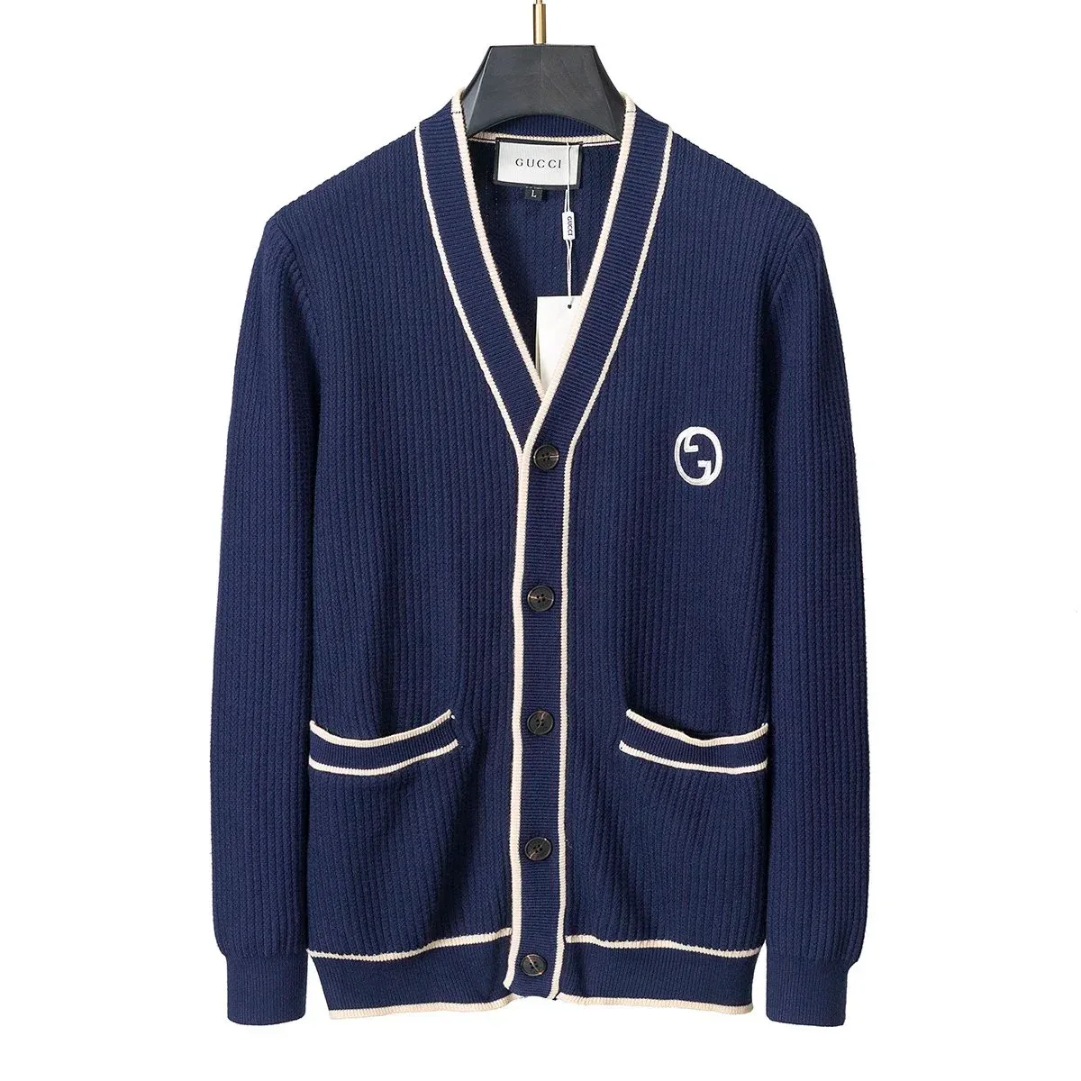 Gucci Gucci Navy Blue Cardigan with White Trim Navy - 1
