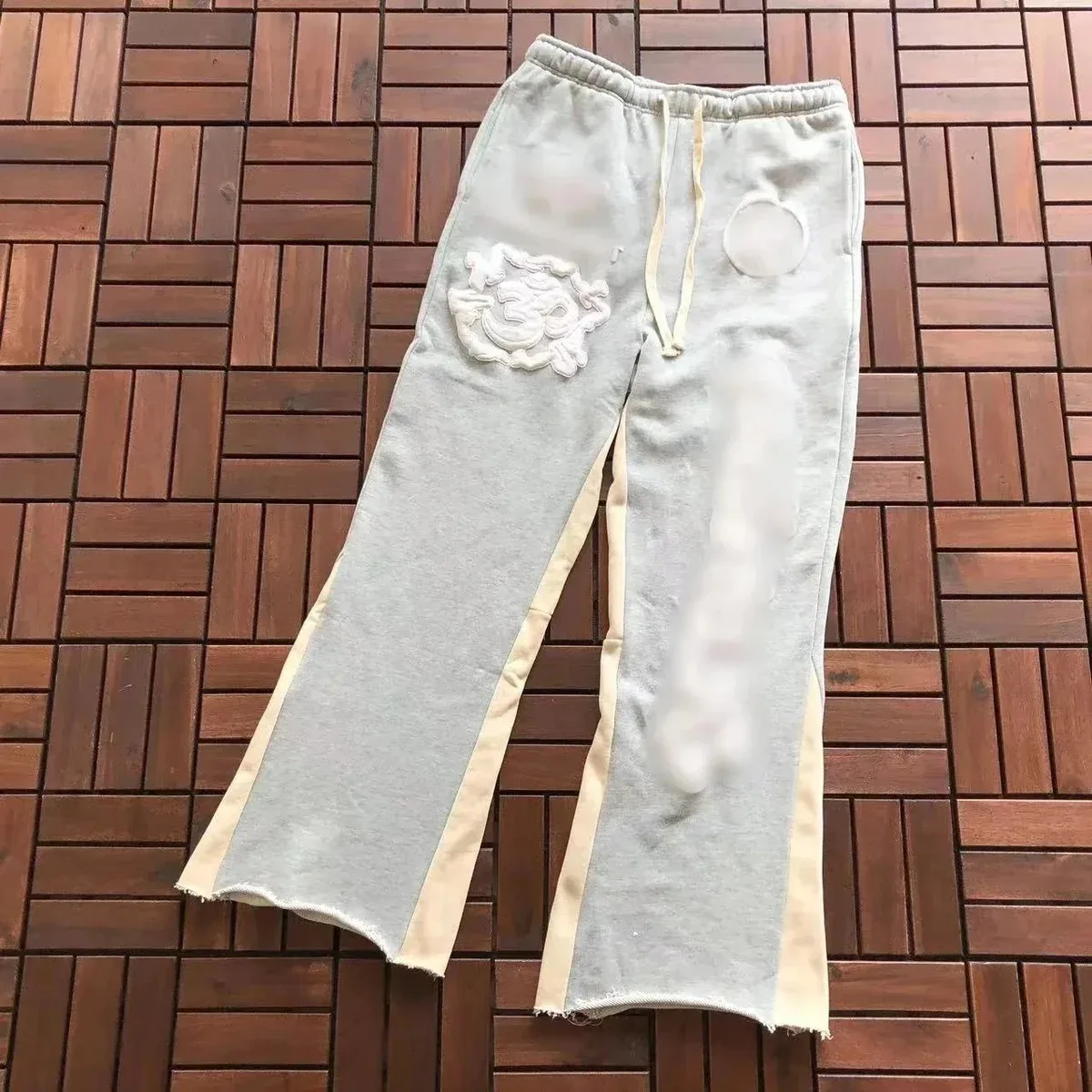 Essentials Unisex Grey Sweatpants with Embroidered Patch and Beige Stripes Grey - 1