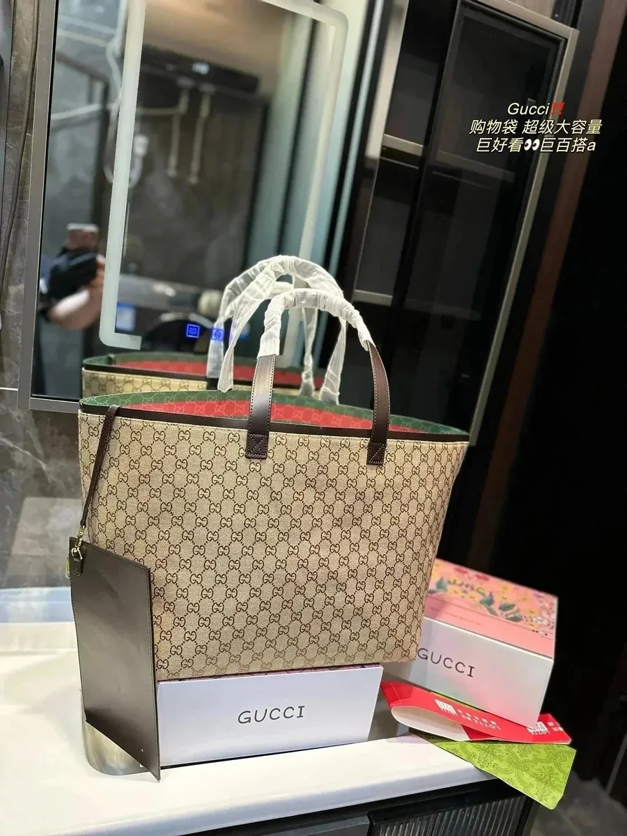 Gucci Gucci GG Marmont Tote Bag Beige/Red Canvas Beige - 1