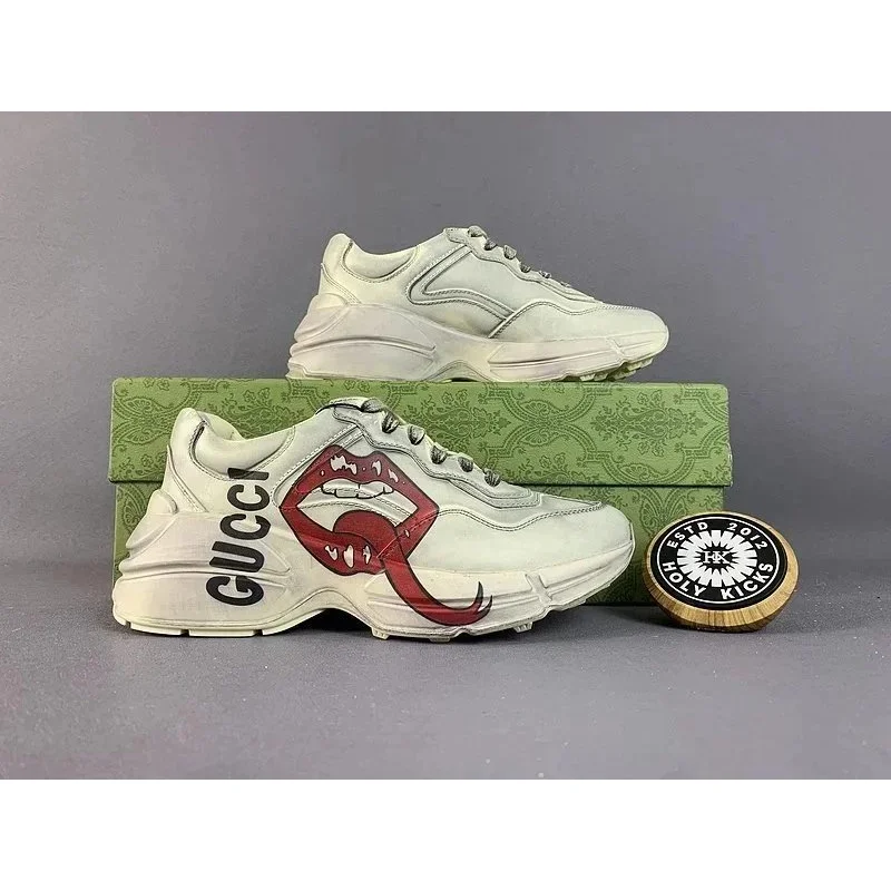 Gucci Gucci Rhyton White Leather Sneakers with Red Lips Print White - 1
