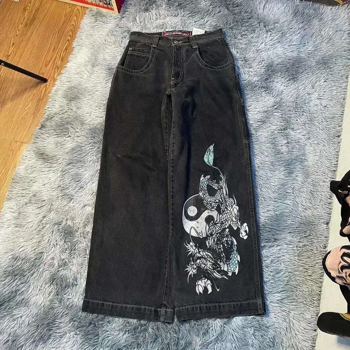 Other Black Dragon Print Wide Leg Jeans Black - 1