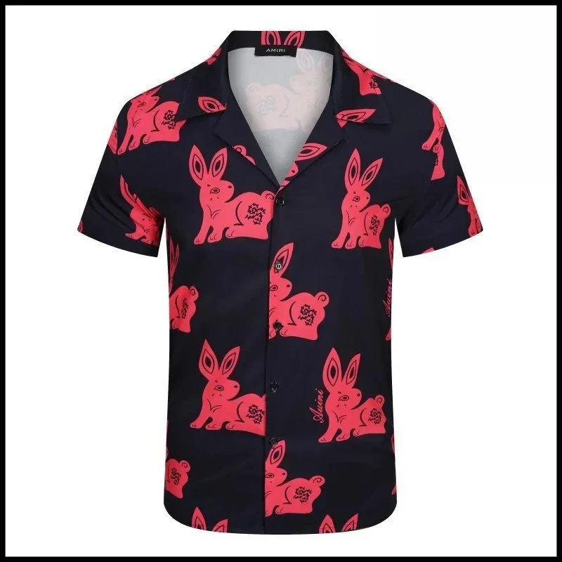 Amiri Amiri Pink Rabbit Print Short-Sleeve Shirt Navy - 1