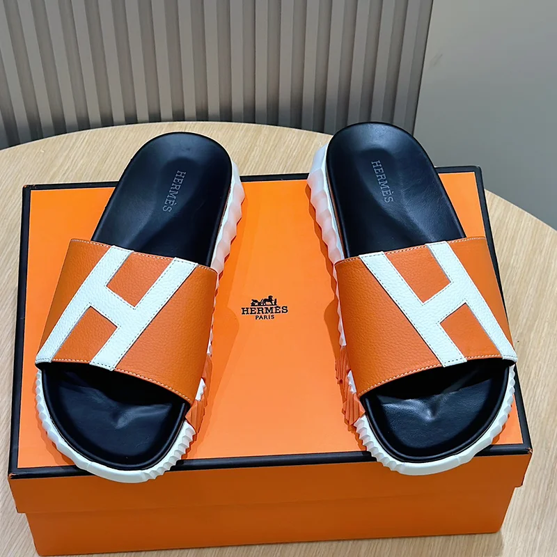 Hermès Hermès Orange & White Leather Slippers Orange