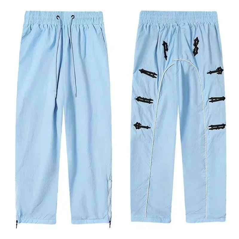 Palm Angels Light Blue Casual Pants with Black Embroidery Blue - 1