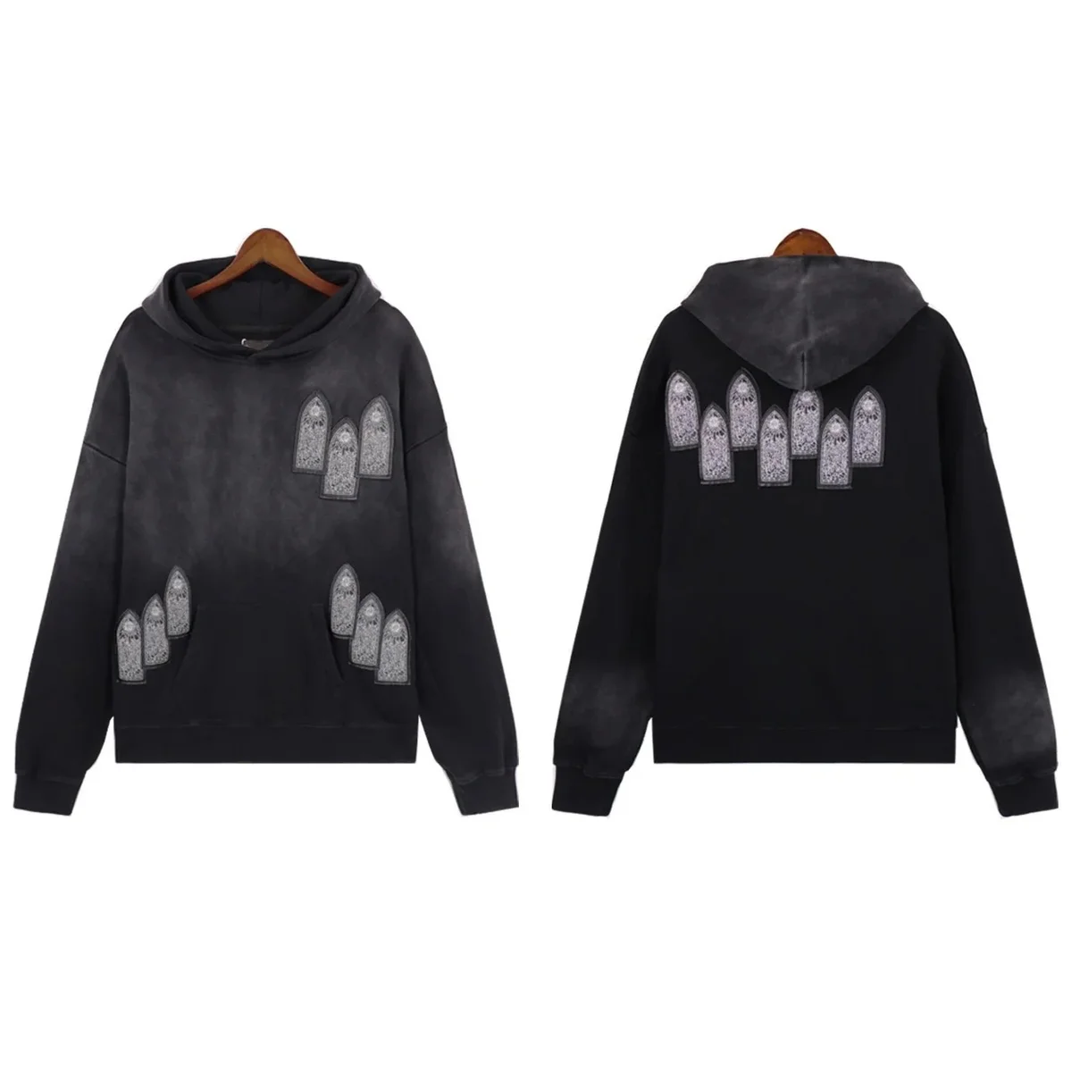 Other Unisex Black Stained Hoodie with Embroidered Panels Black - 1