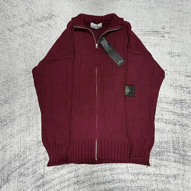 Stone Island Burgundy Cable Knit Zip-Up Sweater