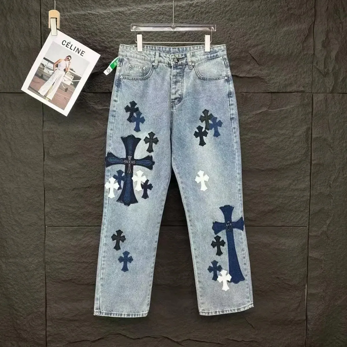Celine Celine Cross Appliqué Light Wash Jeans Blue - 1