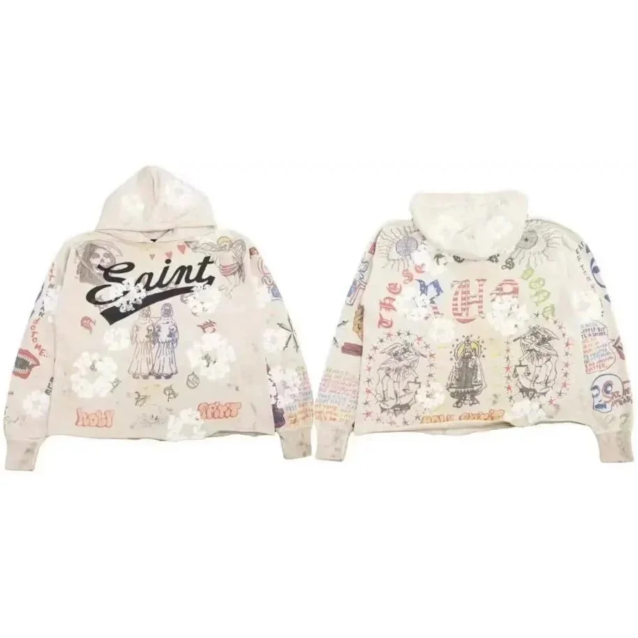 Saint Laurent Unisex Distressed Graphic Hoodie in Beige Beige - 1