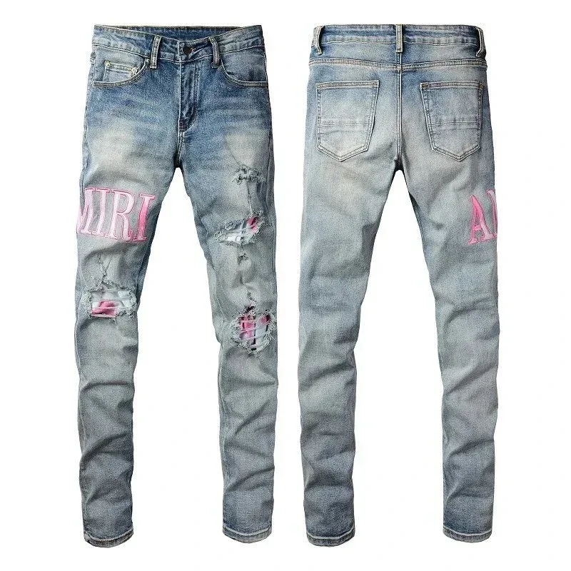 Amiri Amiri Pink Lettering Distressed Jeans Blue - 1