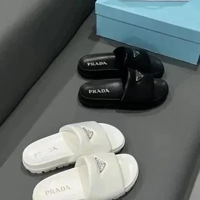 Prada Prada Leather Slide Sandals Black/White Black - 1