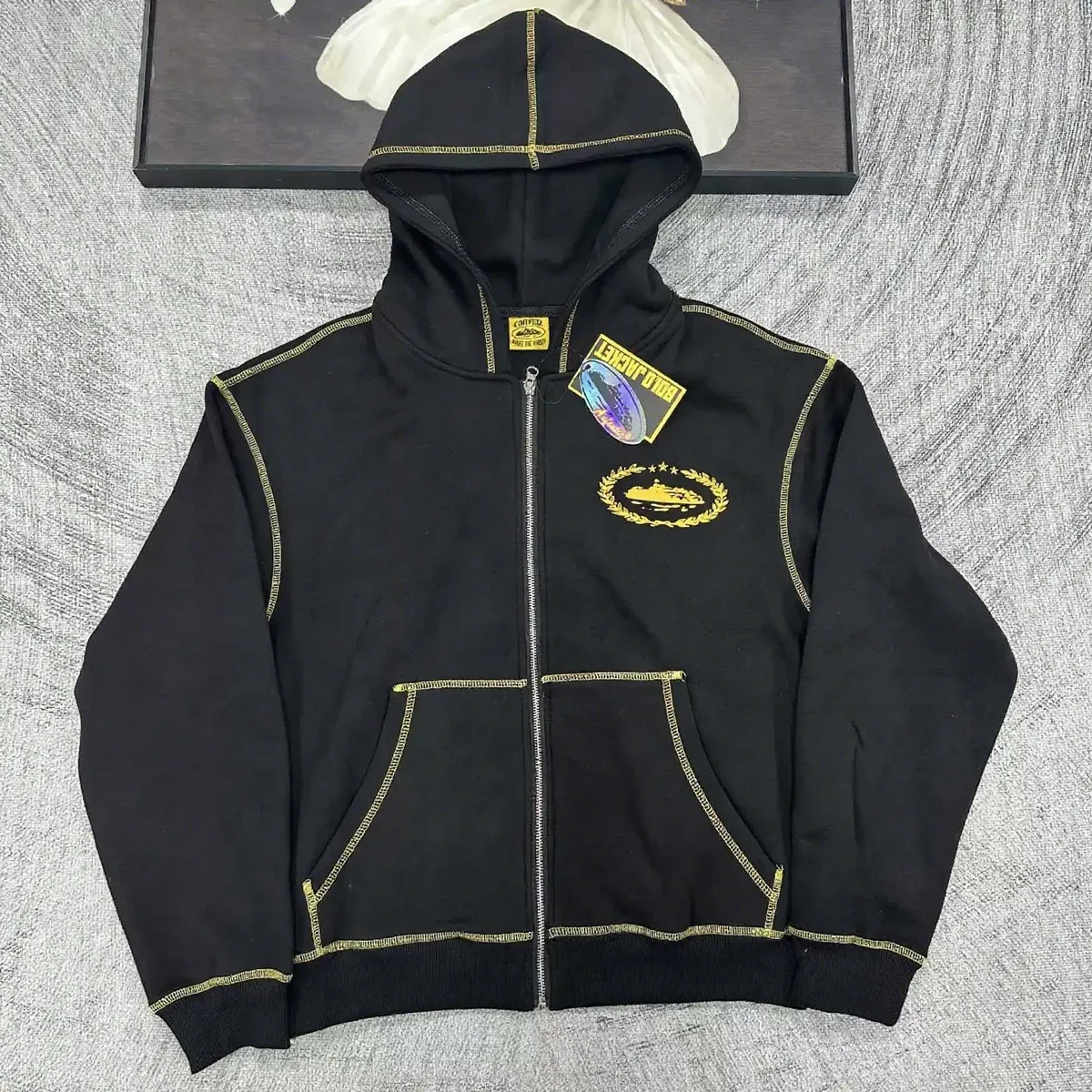 Other Black Zip-Up Hoodie with Gold Embroidery and Patches Black - 1