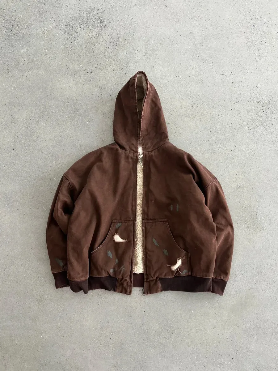 Other Unisex Distressed Brown Hoodie Jacket with Sherpa Lining Brown - 1