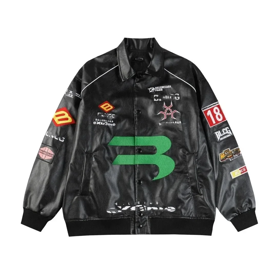 Balenciaga Balenciaga Black Green Logo Print Leather Jacket Black - 1