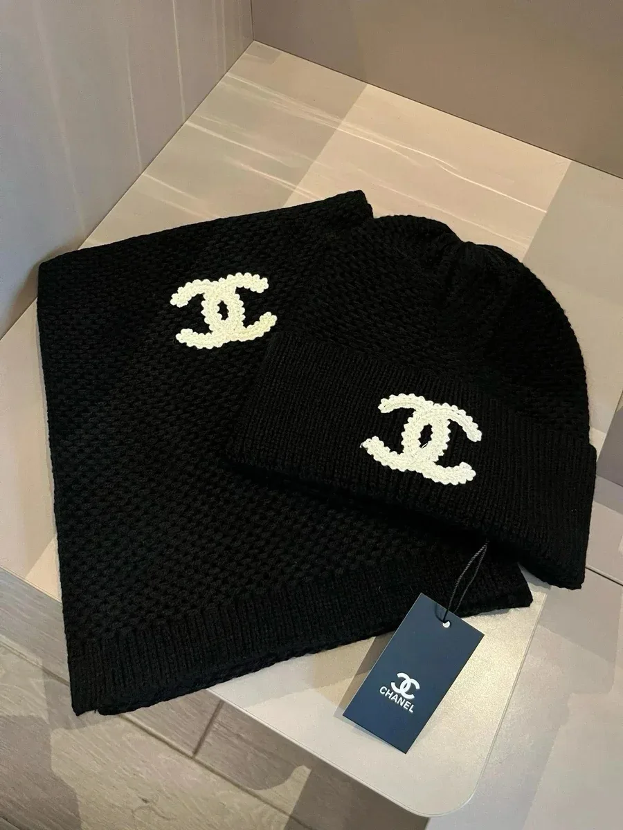 Chanel Black & White CC Logo Knit Hat & Scarf Set