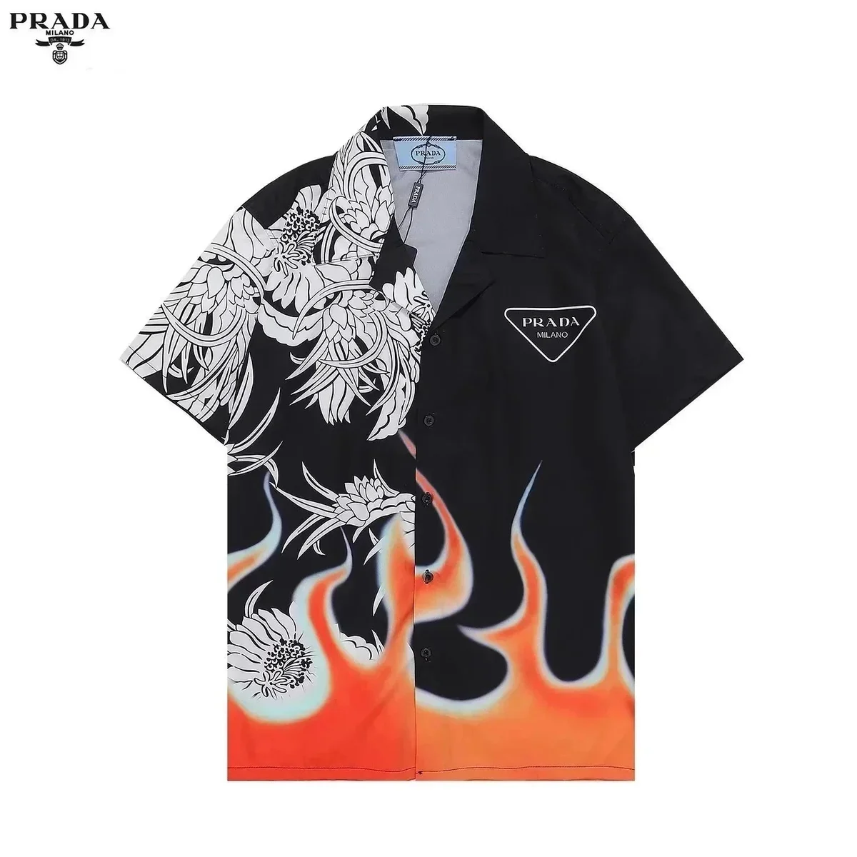 Prada Prada Black & White Floral Flame Print Short Sleeve Shirt Black - 1