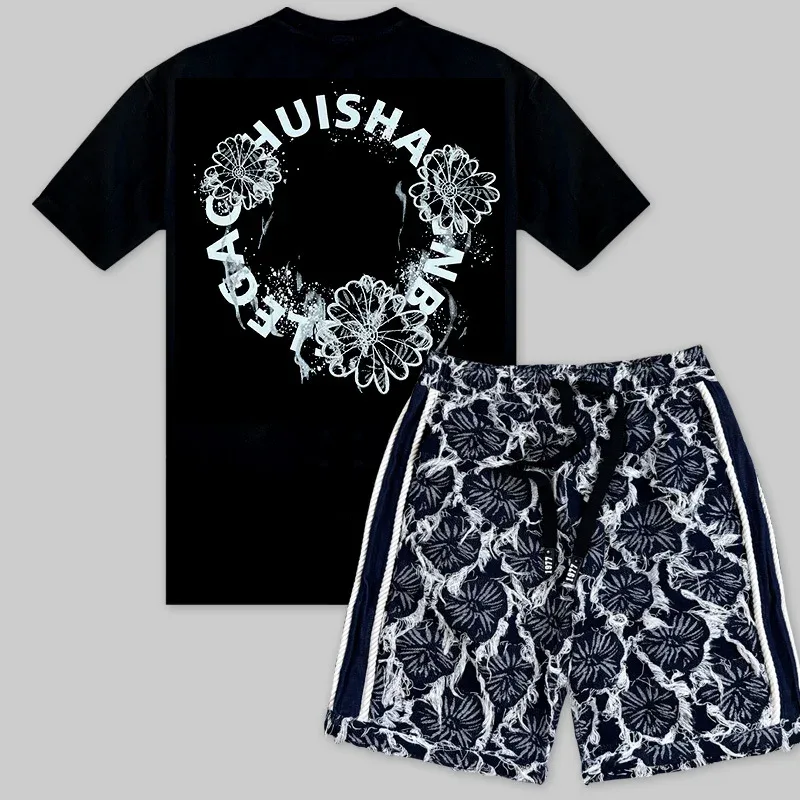 Other Unisex Black & White Floral Print T-Shirt & Shorts Set Black - 1
