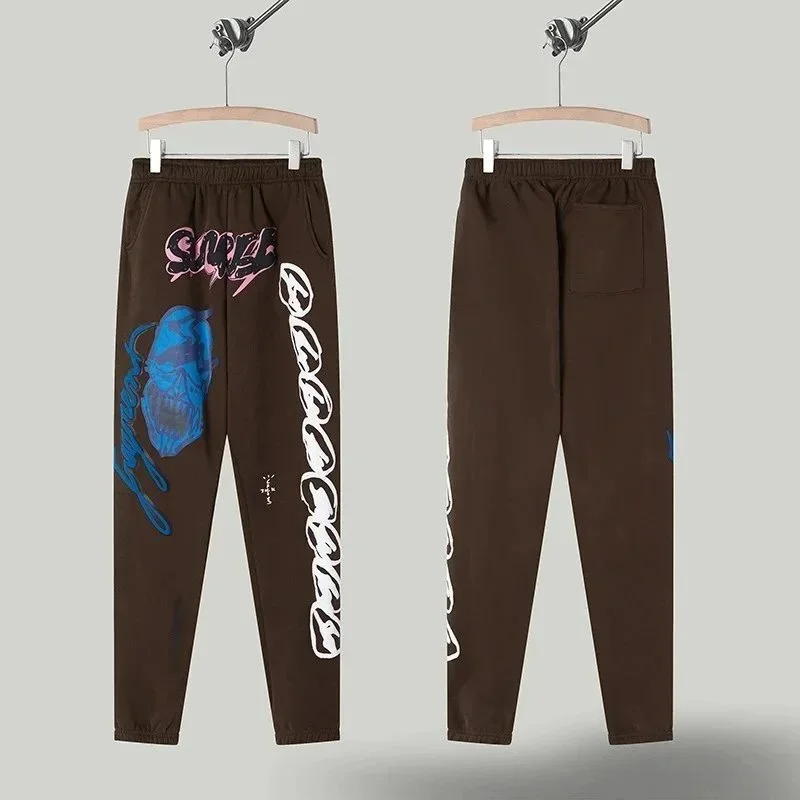 Travis Scott Unisex Brown Sweatpants with Blue & White Graphic Print Brown - 1