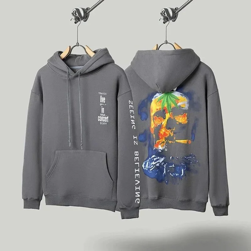 Other Unisex Grey Hoodie with Skull & Cannabis Print Grey - 1