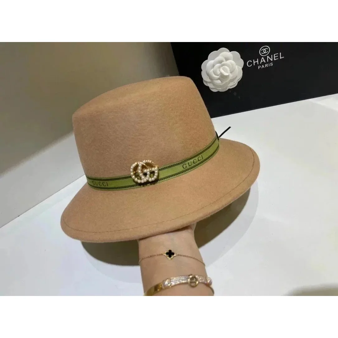 Gucci Gucci Camel Wool Fedora Hat with GG Buckle Beige - 1