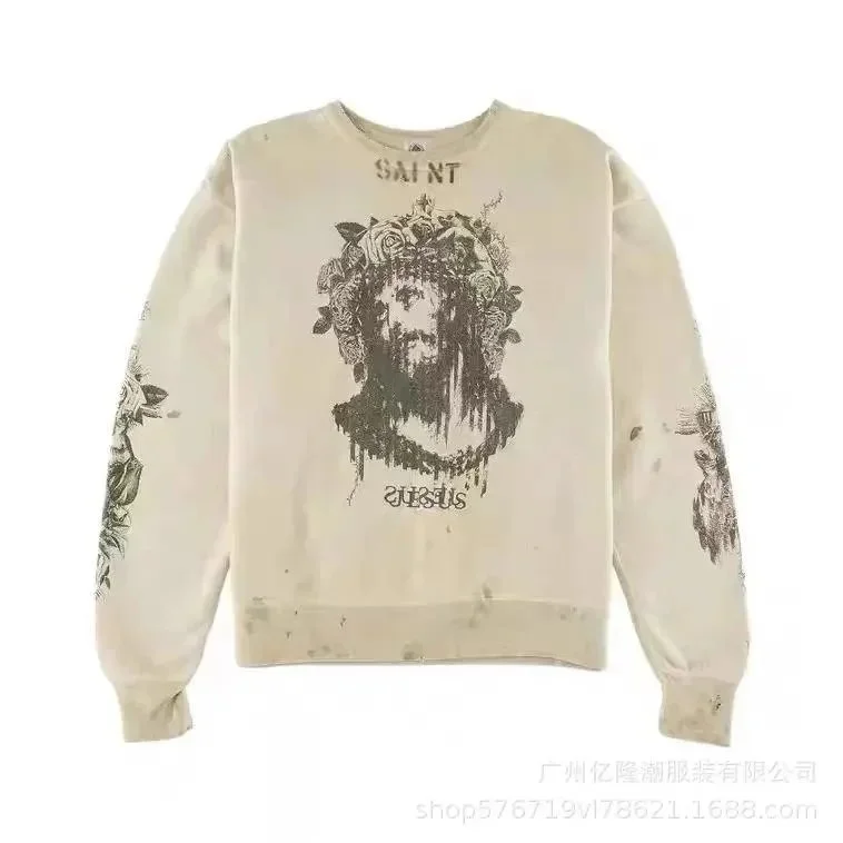 Other Distressed Jesus Print Sweatshirt Cream - 1