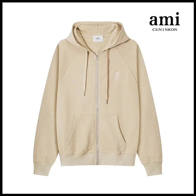 Ami Paris Ami Paris Beige Zip-Up Hoodie with AMI Logo Beige - 1