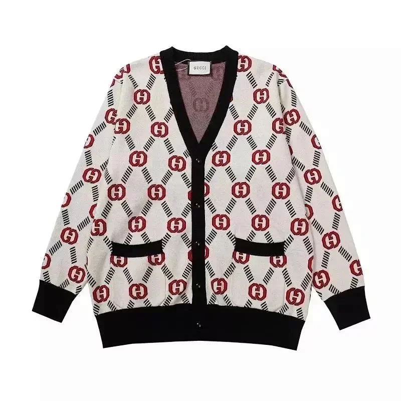 Gucci Gucci Monogram Cardigan White/Red Knit Top White - 1