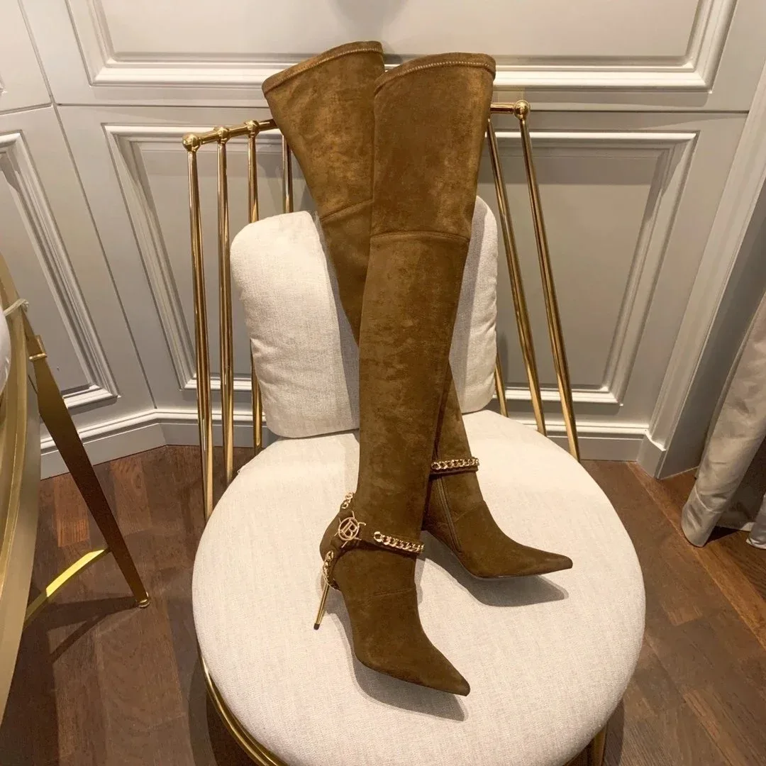 Balenciaga Brown Suede Over-the-Knee Boots with Chain Detail Brown - 1