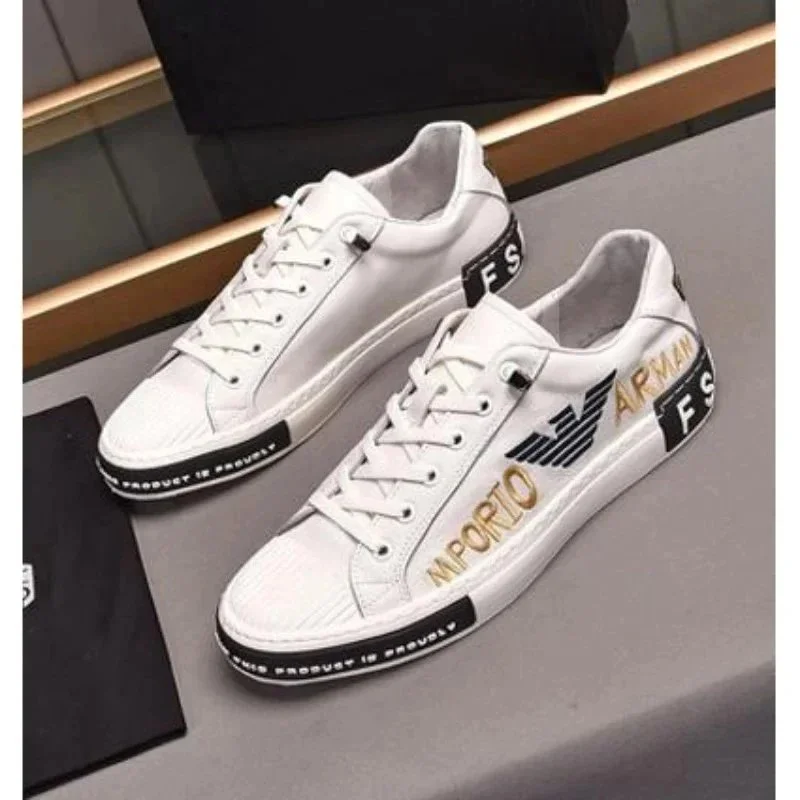 Armani Armani White Leather Sneakers with Gold & Black Accents White - 1