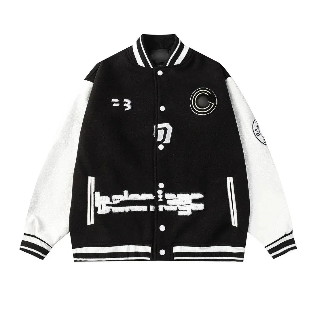 Balenciaga Black & White Letterman Jacket with Embroidered Graphics Black - 1