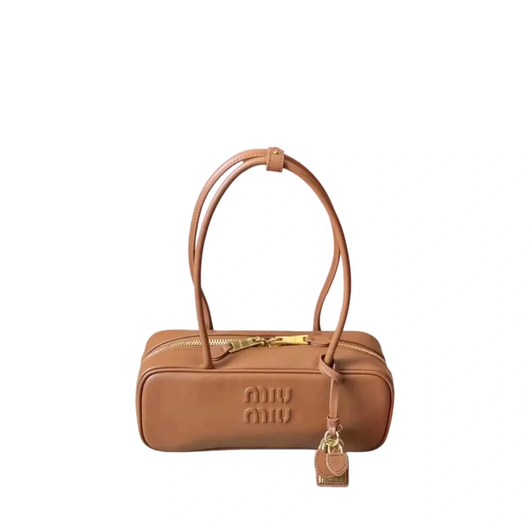 Miu Miu Miu Miu Tan Leather Handbag with Embossed Logo Brown - 1