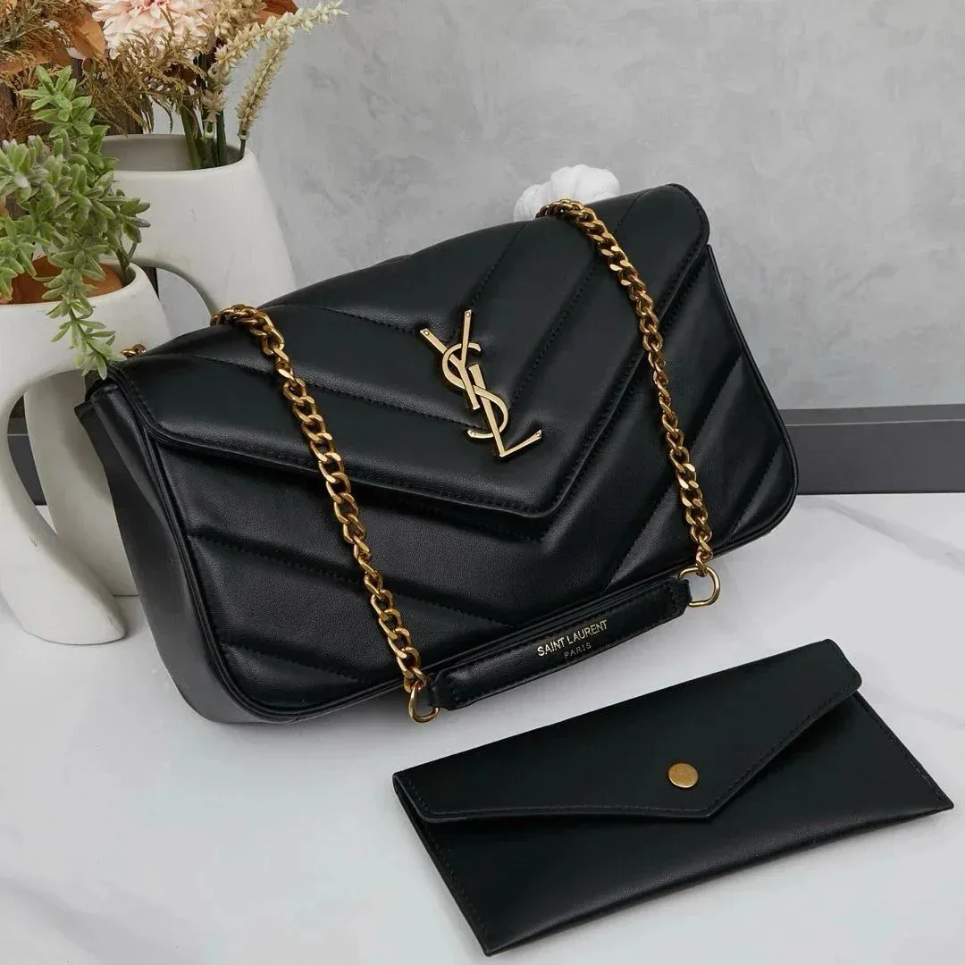 Saint Laurent Saint Laurent Lou Black Leather Shoulder Bag with Chain Strap Black - 1