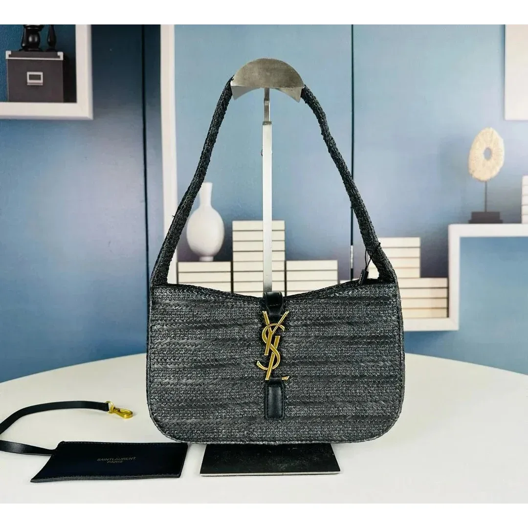 Saint Laurent Saint Laurent Kate Black Raffia Handbag with Gold YSL Logo Black - 1