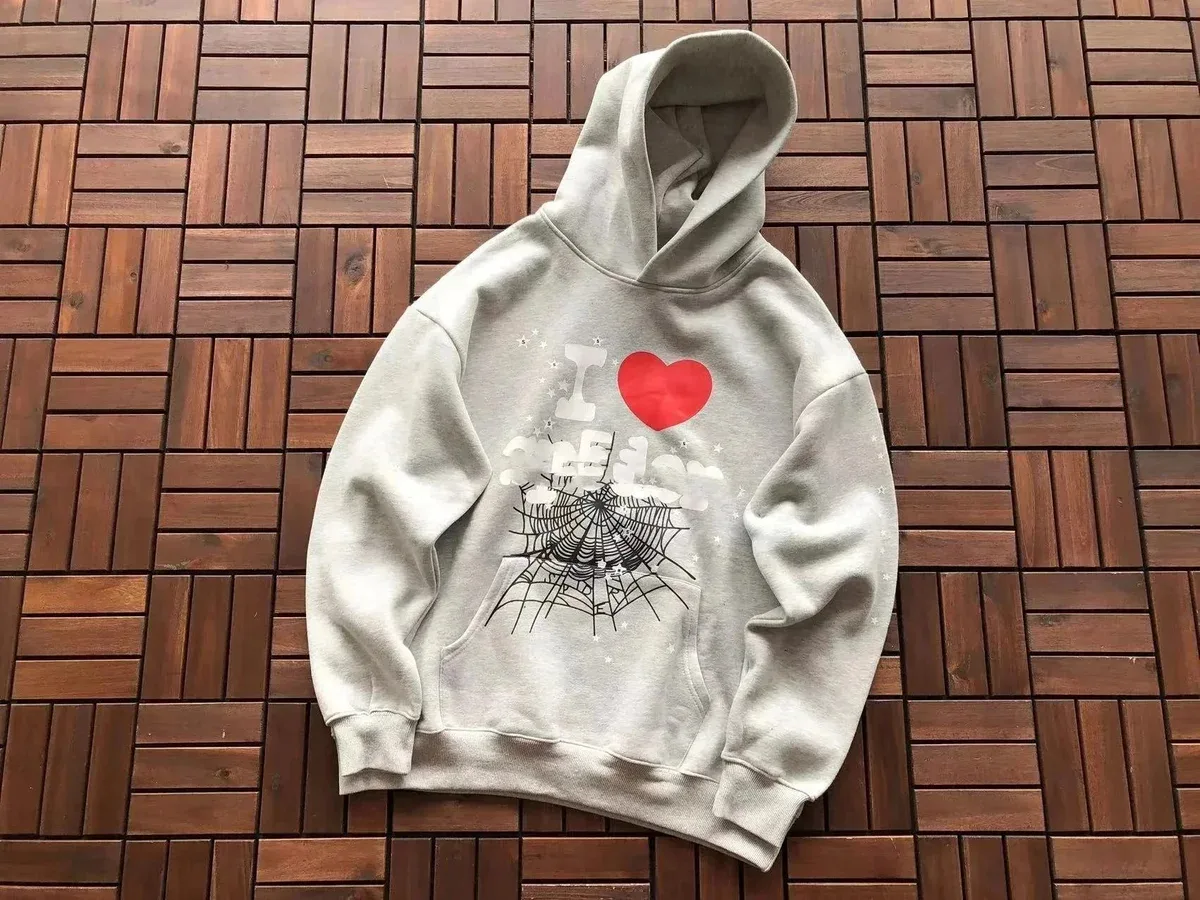 Essentials Unisex Grey I Love Spider Web Print Hoodie Grey - 1
