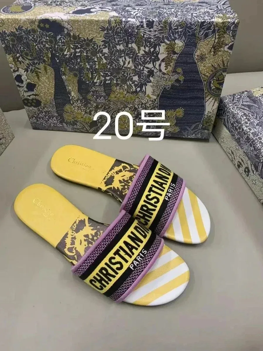 Dior Christian Dior Yellow & White Striped Slides Yellow - 1