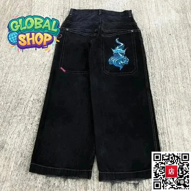 Other Global Shop Black Denim Jeans with Blue Flame Patch Black - 1