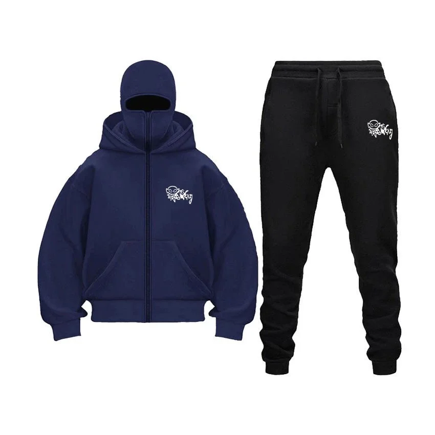 Other Unisex Blue & Black Tracksuit Set with Graphic Hoodie and Pants Blue - 1