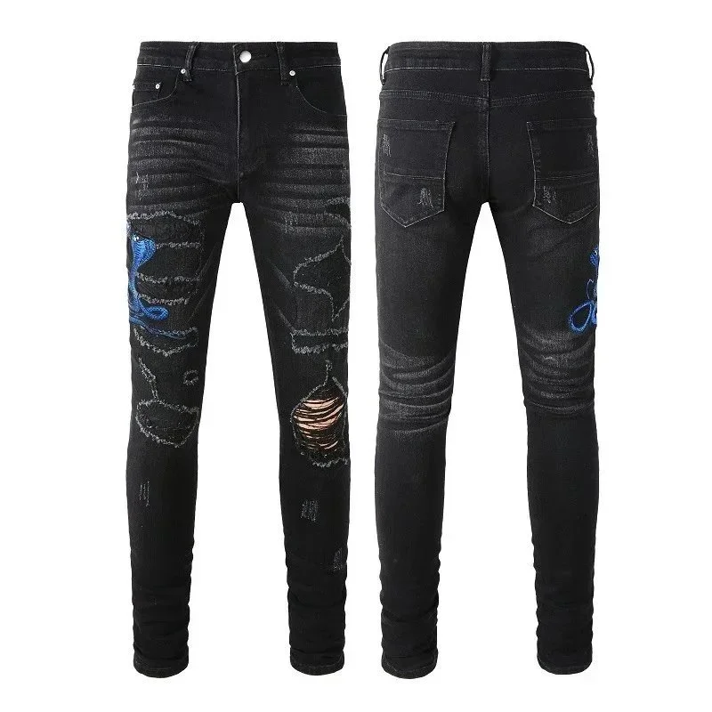 Other Custom Black Jeans with Blue Embroidery and Distressed Details Black - 1