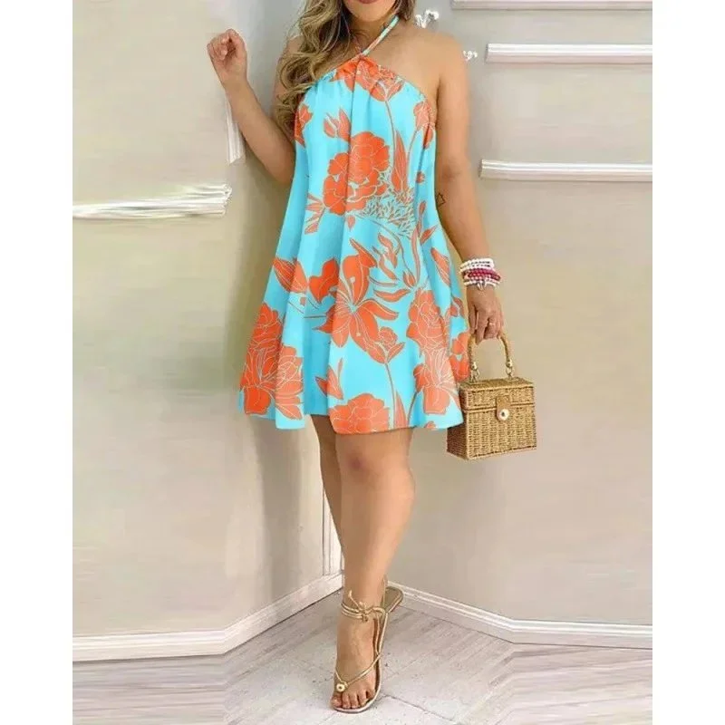 Other Floral Print Halter Neck Dress in Blue and Orange Blue - 1