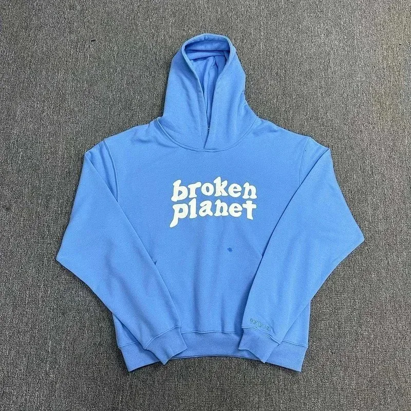 Broken Planet Broken Planet Blue Hoodie with White 'Broken Planet' Print Blue - 1