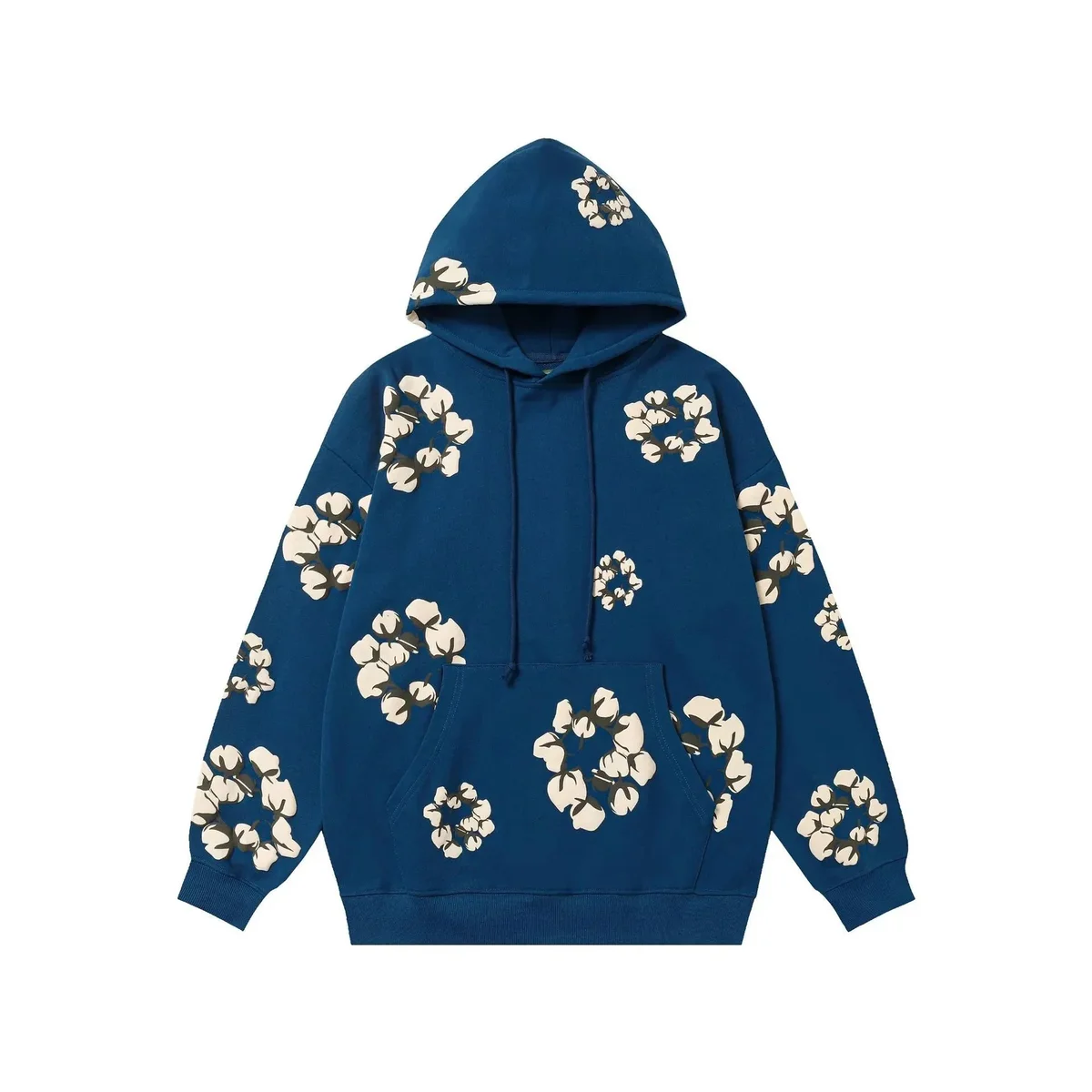 Other Unisex Blue Cotton Flower Print Hoodie Blue - 1