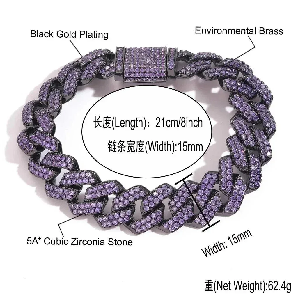 Iced Cuban Link Bracelet Purple Cubic Zirconia Black Gold Plating