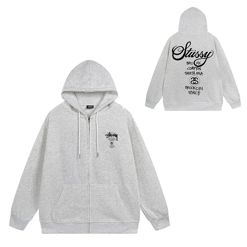 Stussy Stussy Grey Zip-Up Hoodie with Front and Back Print Grey - 1