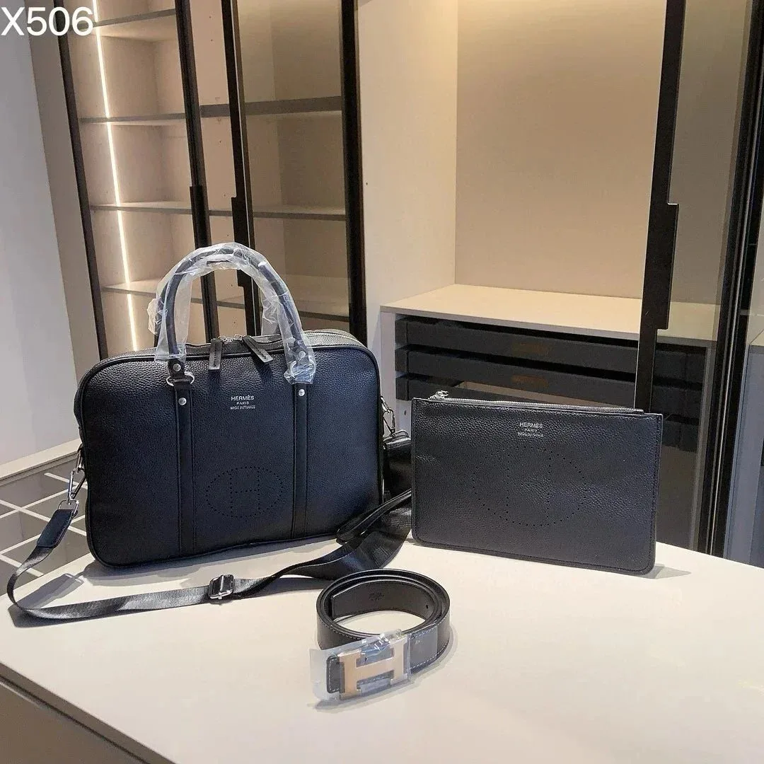 Hermès Black Leather Belt, Briefcase & Pouch Set