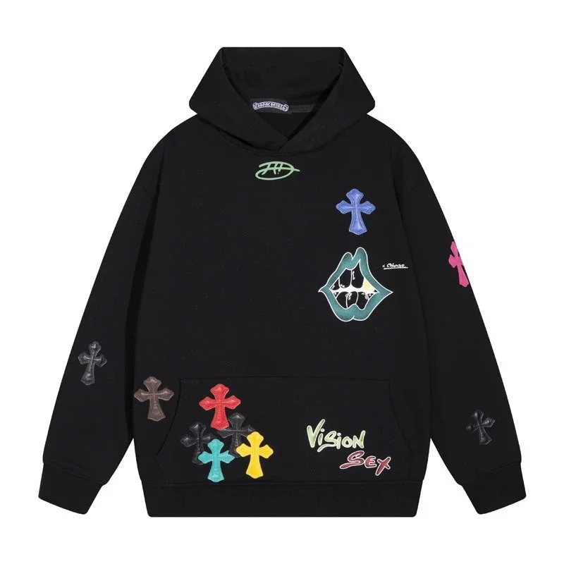 Other Unisex Black Cross & Lips Hoodie Sweatshirt Black - 1