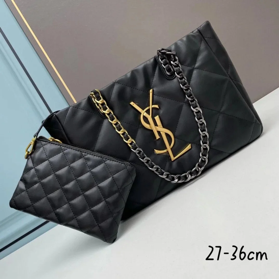 Saint Laurent Saint Laurent Kate Black Leather Tote Bag with Chain Strap Black - 1