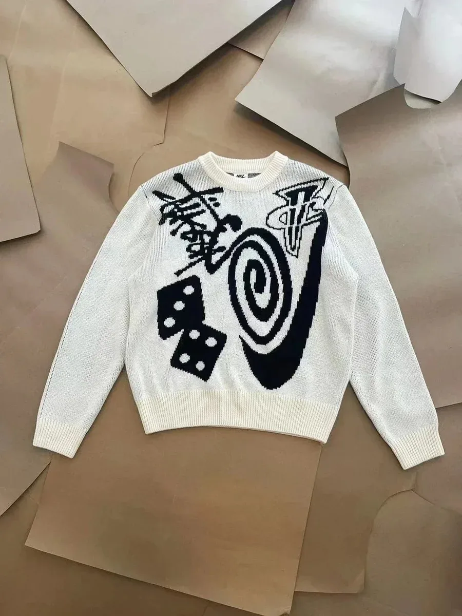 Other Unisex White Knit Sweater with Black Graphic Print White - 1