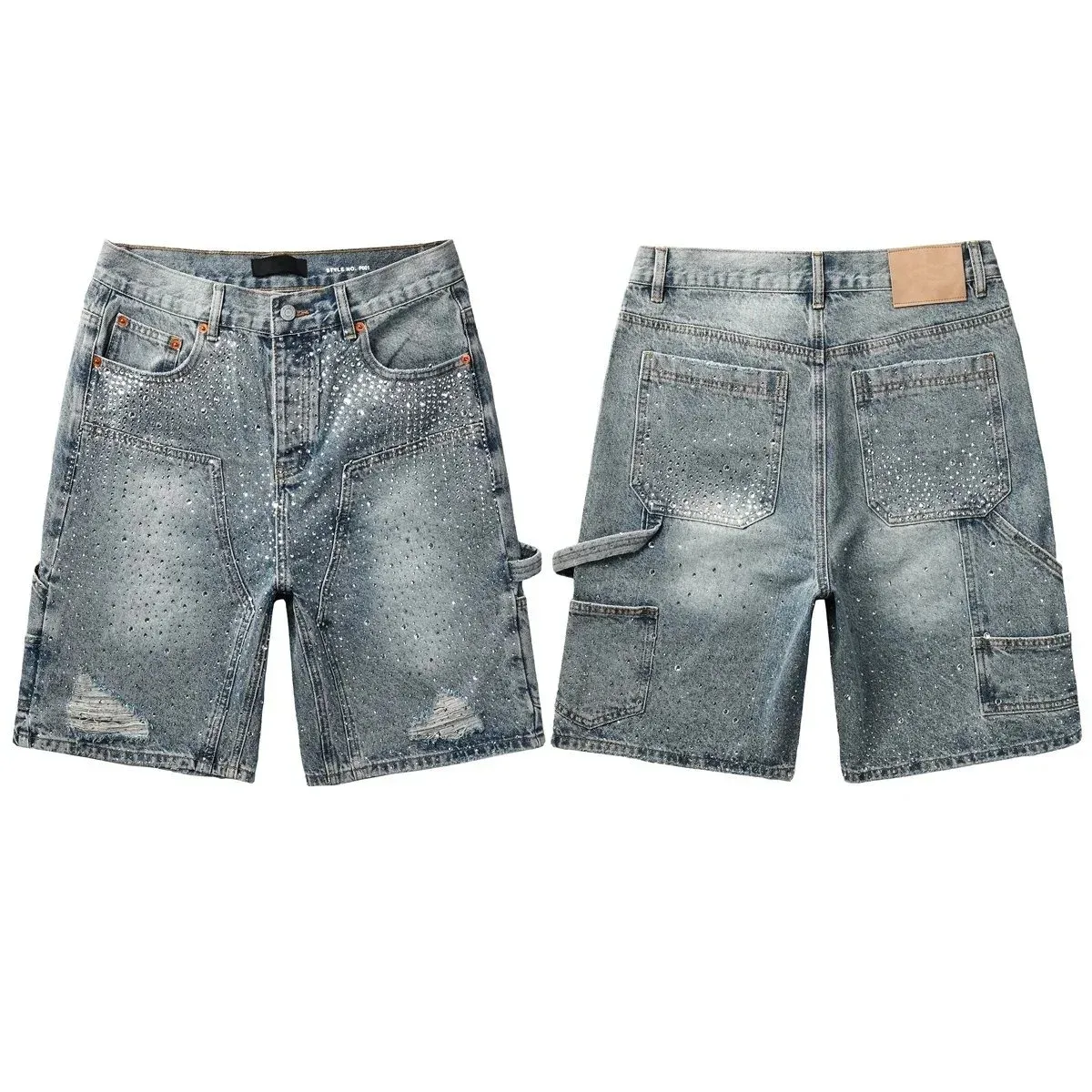 Other Distressed Denim Shorts with Rhinestone Embellishments Blue - 1