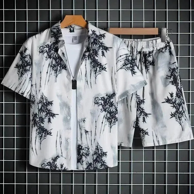 Other Co-ord Set Bamboo Print Shorts & Shirt Set White - 1